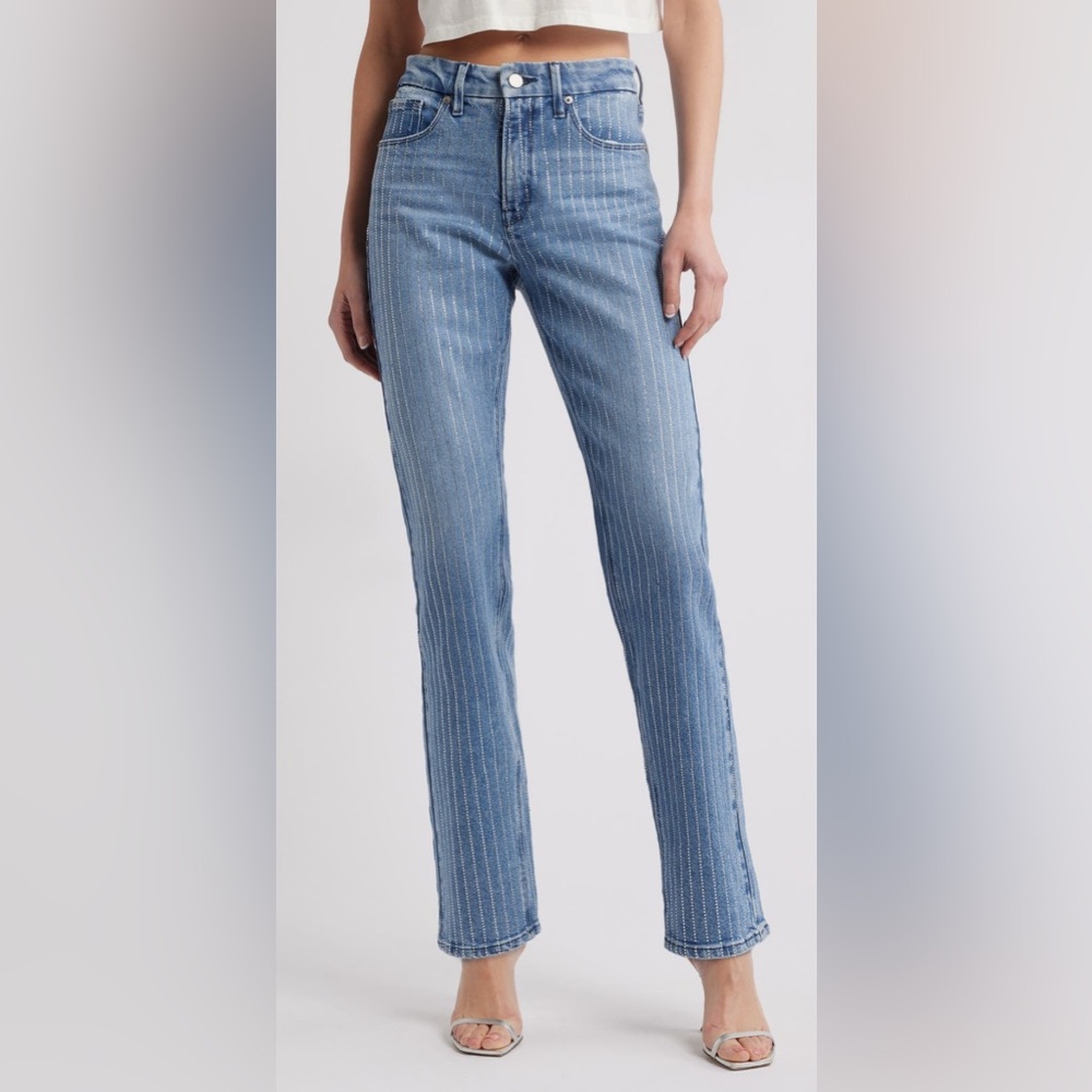Good American - Good Icon Rhinestone, straight leg jeans, new with tags.